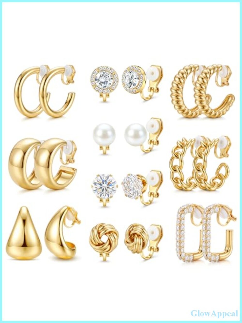 10 Pair Clip On Earrings Set 14K Gold Plated Hypoallergenic Non Pierced Jewelry